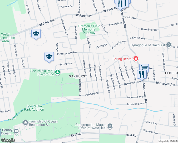 map of restaurants, bars, coffee shops, grocery stores, and more near 185 Ampere Avenue in Monmouth County