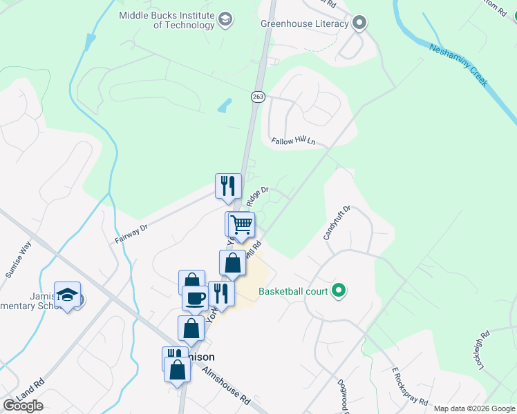 map of restaurants, bars, coffee shops, grocery stores, and more near 1431 Angela Court in Jamison