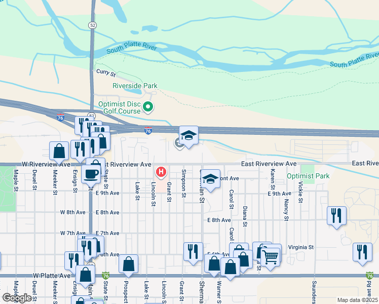 map of restaurants, bars, coffee shops, grocery stores, and more near 709 East Riverview Avenue in Fort Morgan