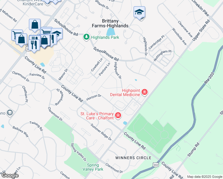 map of restaurants, bars, coffee shops, grocery stores, and more near 2000-2086 Horizon Drive in Chalfont