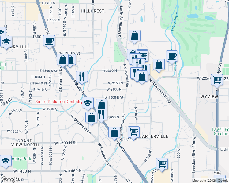 map of restaurants, bars, coffee shops, grocery stores, and more near 862 West 2000 North Street in Provo