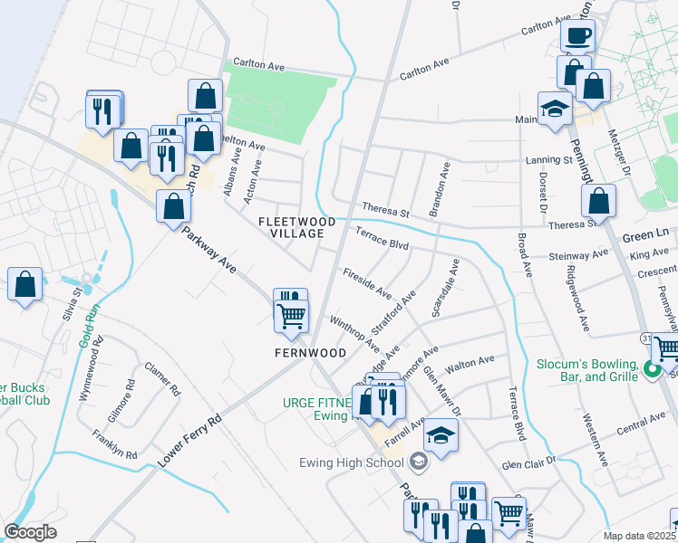 map of restaurants, bars, coffee shops, grocery stores, and more near 1136 Lower Ferry Road in Ewing Township
