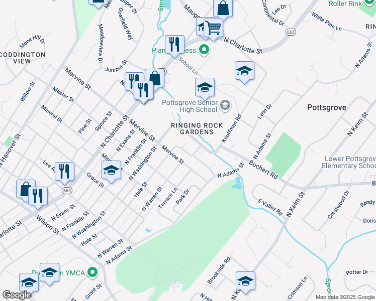 map of restaurants, bars, coffee shops, grocery stores, and more near 591 West Woodland Drive in Pottstown