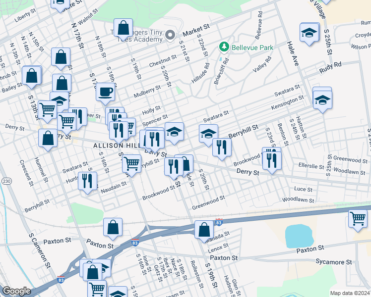 map of restaurants, bars, coffee shops, grocery stores, and more near 1934 Derry Street in Harrisburg