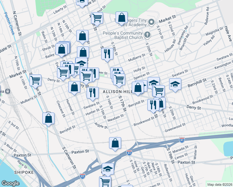 map of restaurants, bars, coffee shops, grocery stores, and more near in Harrisburg
