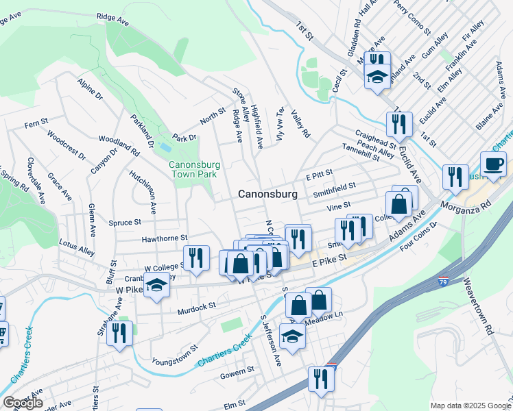 map of restaurants, bars, coffee shops, grocery stores, and more near 27 Scott Way in Canonsburg