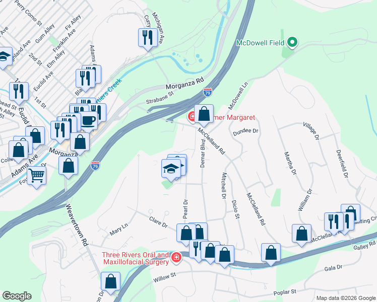 map of restaurants, bars, coffee shops, grocery stores, and more near 16 Giffin Drive in Canonsburg