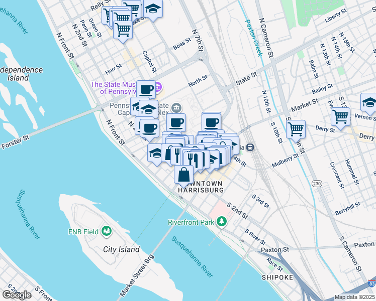 map of restaurants, bars, coffee shops, grocery stores, and more near 200 North 3rd Street in Harrisburg