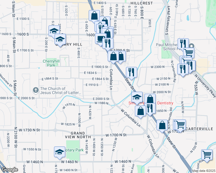map of restaurants, bars, coffee shops, grocery stores, and more near 1924 South Columbia Lane in Orem