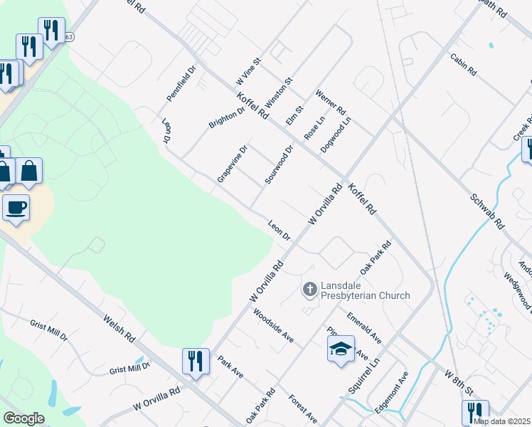 map of restaurants, bars, coffee shops, grocery stores, and more near 1519 Leon Dr in Hatfield