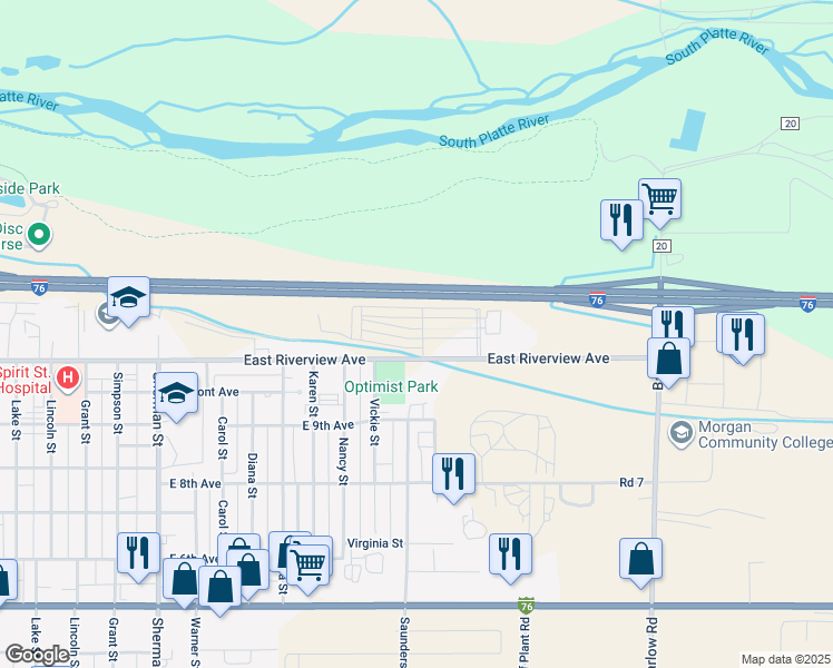 map of restaurants, bars, coffee shops, grocery stores, and more near 1530 Ouray Avenue in Fort Morgan