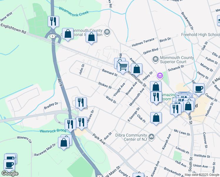 map of restaurants, bars, coffee shops, grocery stores, and more near 46 Stokes Street in Freehold