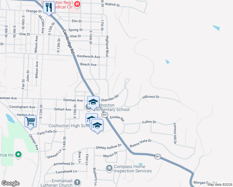 map of restaurants, bars, coffee shops, grocery stores, and more near 925 Sheridan Road in Coshocton