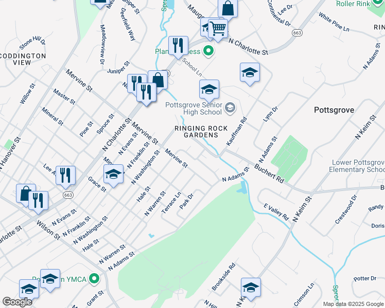 map of restaurants, bars, coffee shops, grocery stores, and more near 591 West Woodland Drive in Pottstown