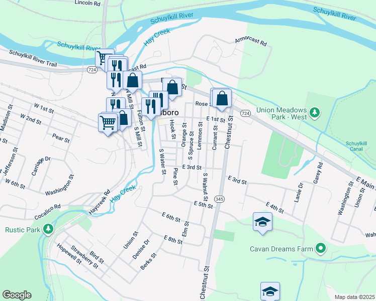 map of restaurants, bars, coffee shops, grocery stores, and more near 218 South Spruce Street in Birdsboro