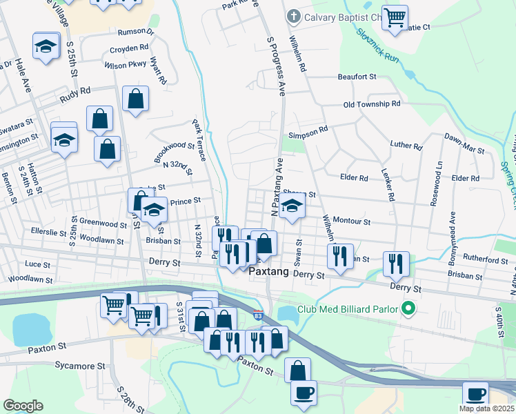 map of restaurants, bars, coffee shops, grocery stores, and more near 3416 Montour Street in Harrisburg