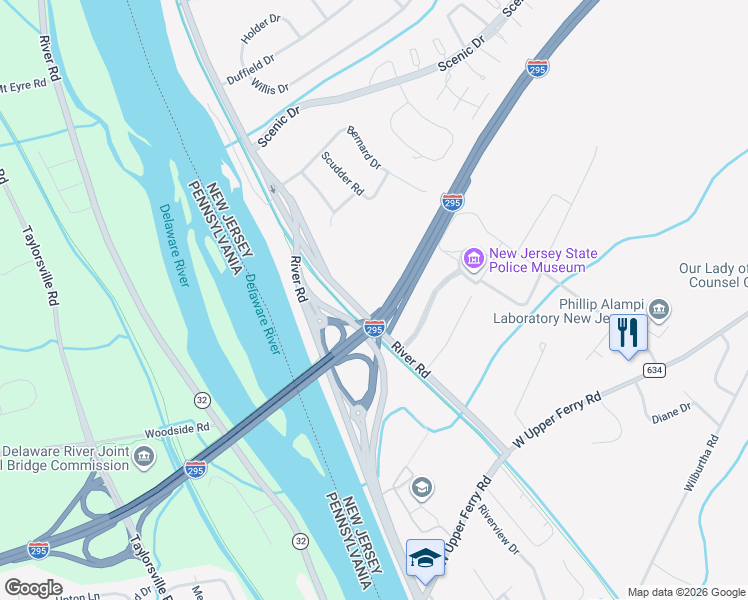 map of restaurants, bars, coffee shops, grocery stores, and more near 1050 Upper River Road in Ewing Township