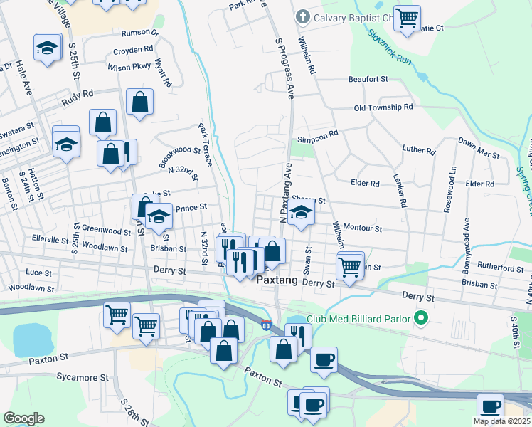 map of restaurants, bars, coffee shops, grocery stores, and more near 3416 Montour Street in Harrisburg