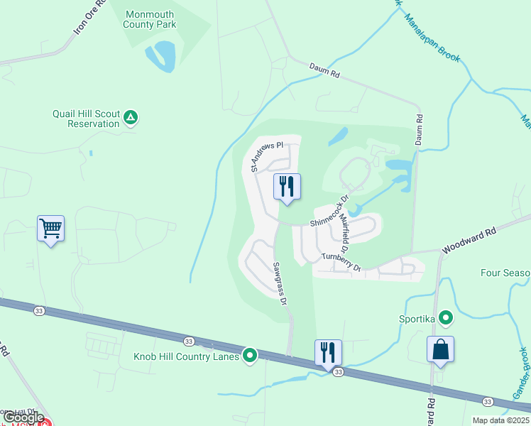 map of restaurants, bars, coffee shops, grocery stores, and more near 400 Saint Andrews Place in Englishtown