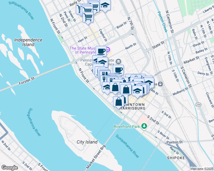 map of restaurants, bars, coffee shops, grocery stores, and more near 306 North 2nd Street in Harrisburg