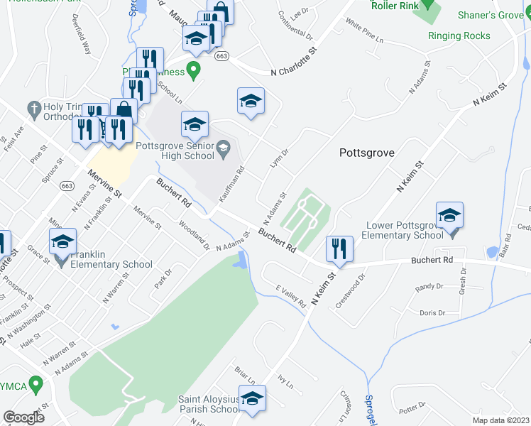 map of restaurants, bars, coffee shops, grocery stores, and more near 1249 Lynn Drive in Pottstown