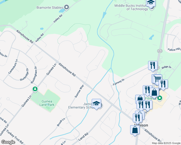 map of restaurants, bars, coffee shops, grocery stores, and more near 2211 Sunrise Way in Jamison