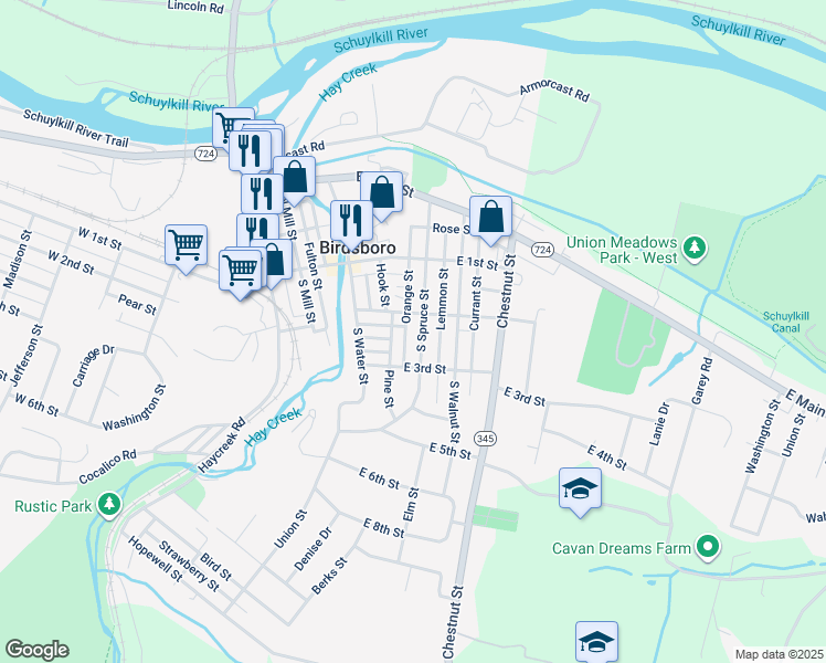 map of restaurants, bars, coffee shops, grocery stores, and more near 218 South Spruce Street in Birdsboro
