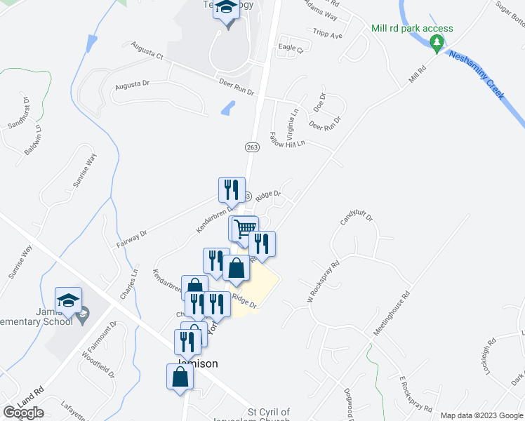 map of restaurants, bars, coffee shops, grocery stores, and more near 1527 Margaret Court in Jamison