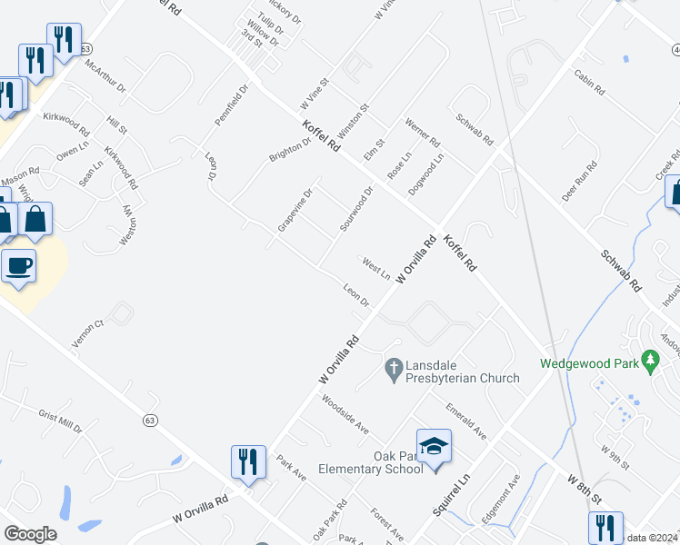 map of restaurants, bars, coffee shops, grocery stores, and more near 1519 Leon Dr in Hatfield