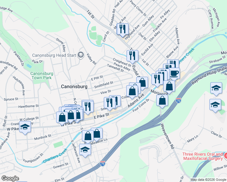 map of restaurants, bars, coffee shops, grocery stores, and more near 187 East College Street in Canonsburg