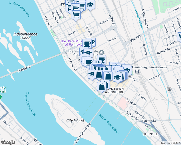 map of restaurants, bars, coffee shops, grocery stores, and more near 125 Pine Street in Harrisburg