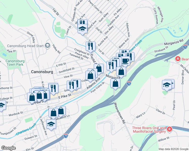 map of restaurants, bars, coffee shops, grocery stores, and more near 247 East College Street in Canonsburg
