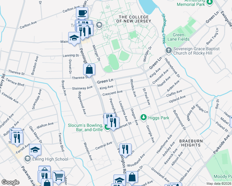 map of restaurants, bars, coffee shops, grocery stores, and more near 156 Louisiana Avenue in Ewing Township