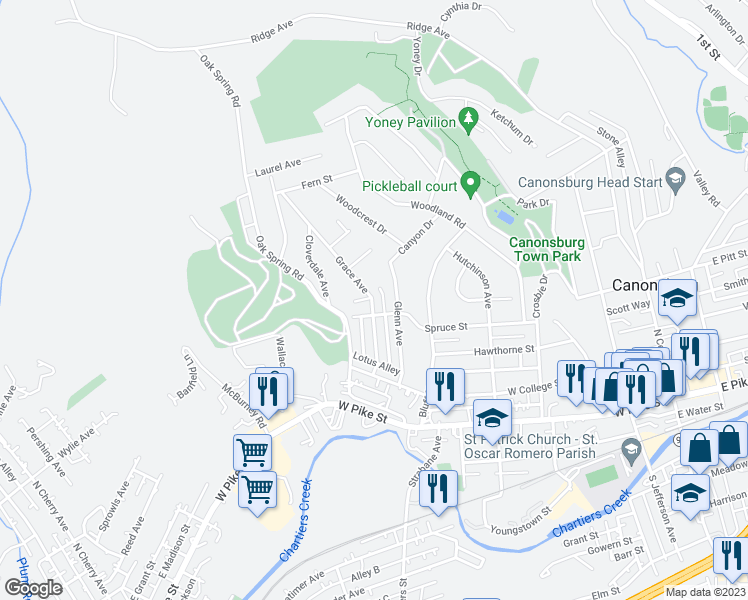 map of restaurants, bars, coffee shops, grocery stores, and more near 308 Grace Avenue in Canonsburg