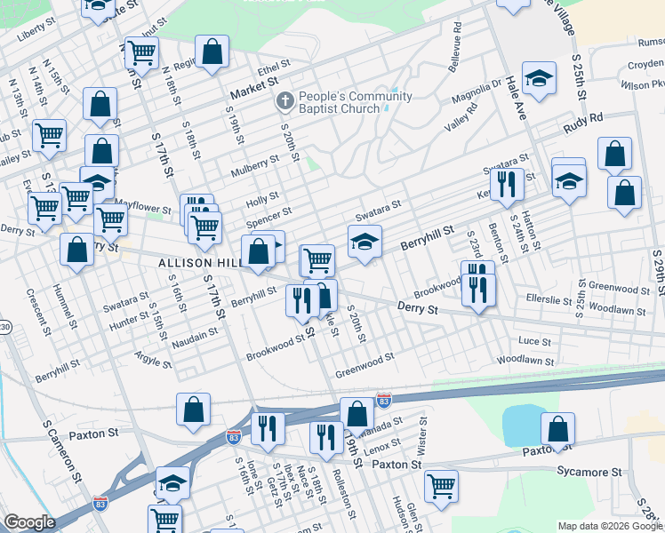 map of restaurants, bars, coffee shops, grocery stores, and more near 1954 Berryhill Street in Harrisburg