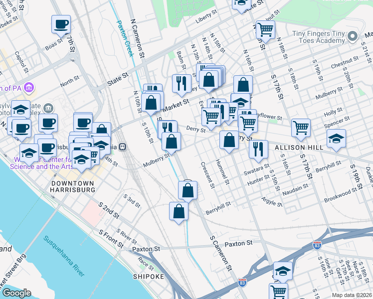 map of restaurants, bars, coffee shops, grocery stores, and more near 1139 Mulberry Street in Harrisburg