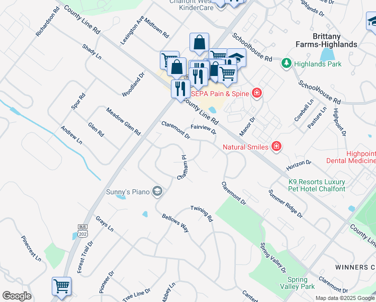 map of restaurants, bars, coffee shops, grocery stores, and more near 125 Chatham Place in Lansdale