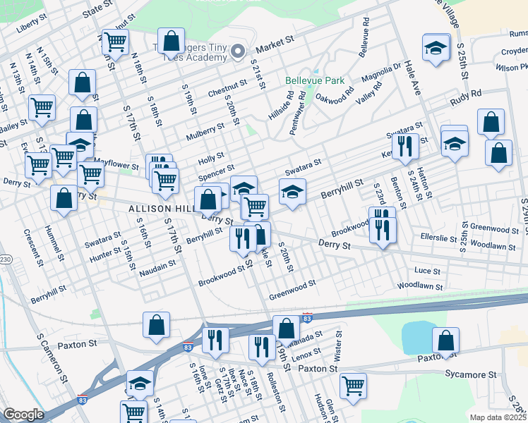 map of restaurants, bars, coffee shops, grocery stores, and more near 1954 Berryhill Street in Harrisburg