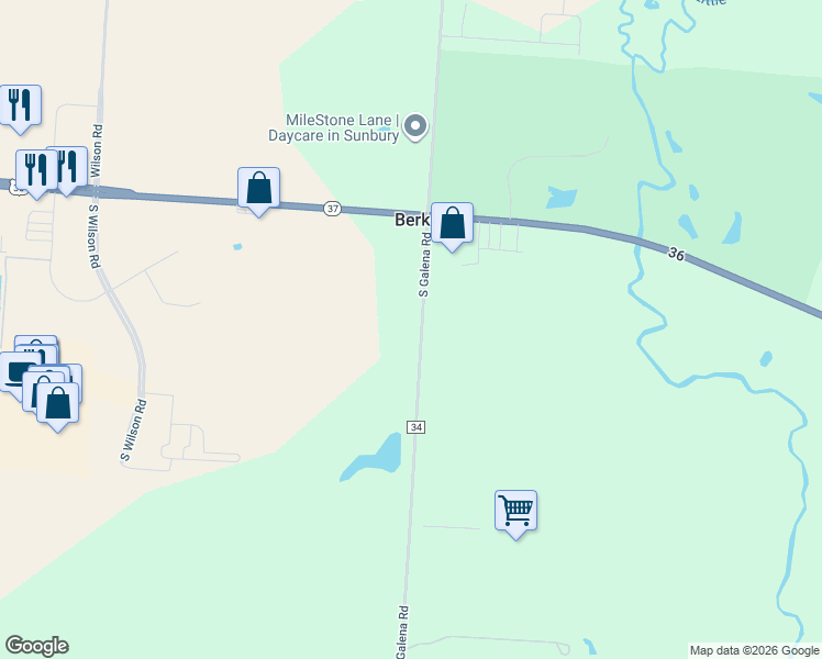 map of restaurants, bars, coffee shops, grocery stores, and more near 234 County Road 34 in Sunbury