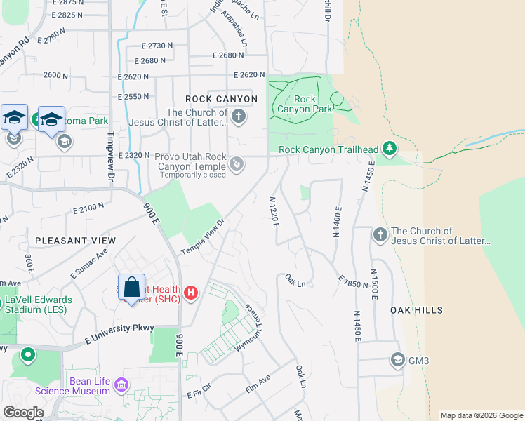 map of restaurants, bars, coffee shops, grocery stores, and more near 1212 East 2080 North Street in Provo
