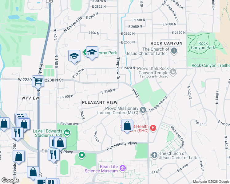 map of restaurants, bars, coffee shops, grocery stores, and more near 625 Stadium Avenue in Provo