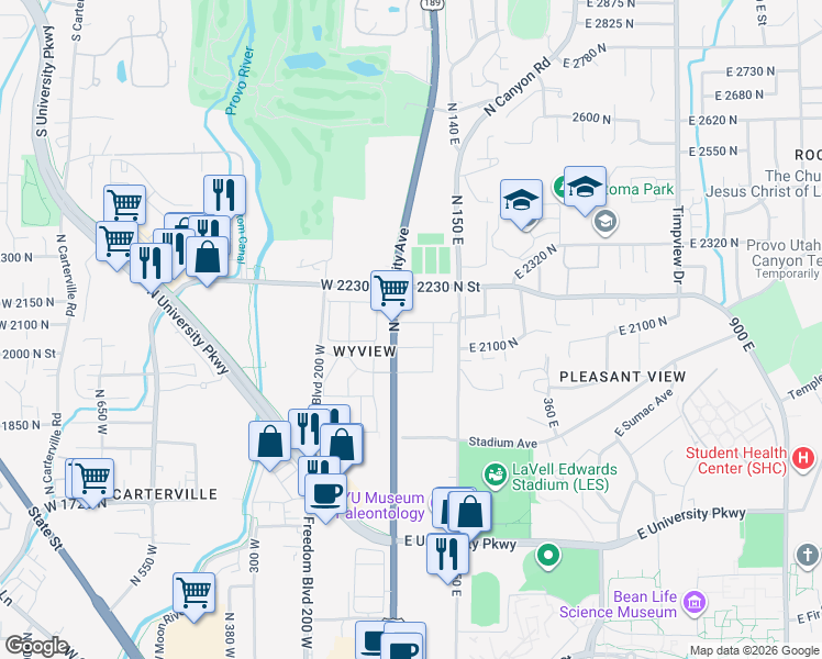 map of restaurants, bars, coffee shops, grocery stores, and more near 2107 North University Avenue in Provo