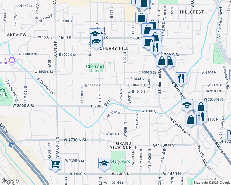 map of restaurants, bars, coffee shops, grocery stores, and more near 327 East 2000 South Street in Orem