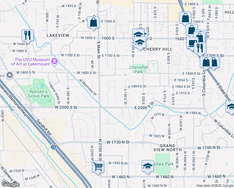 map of restaurants, bars, coffee shops, grocery stores, and more near 1920 South 100 East in Orem