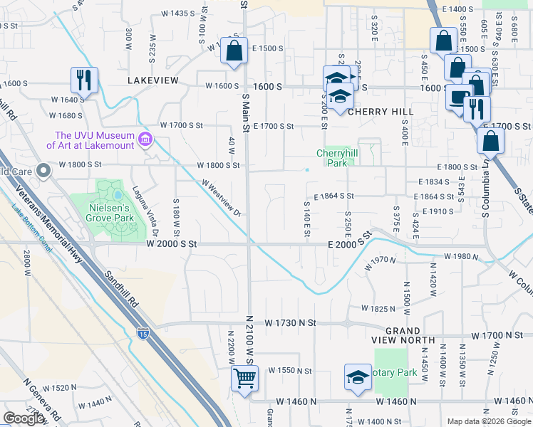 map of restaurants, bars, coffee shops, grocery stores, and more near 1965 South Main Street in Orem