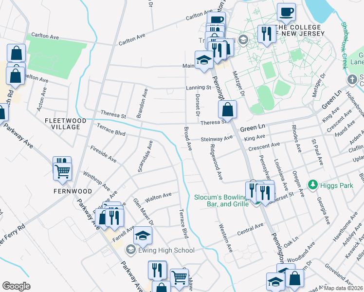 map of restaurants, bars, coffee shops, grocery stores, and more near 1004 Terrace Boulevard in Ewing Township