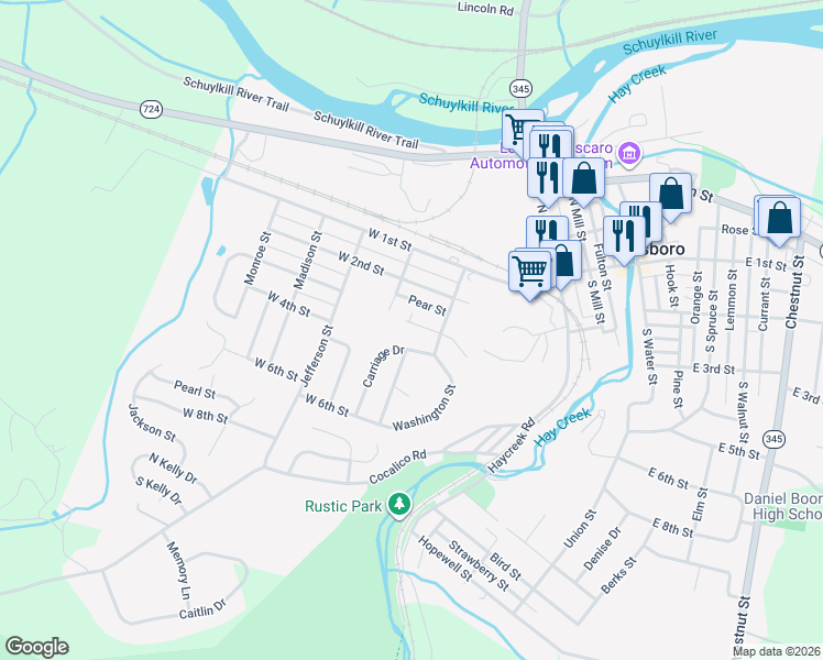 map of restaurants, bars, coffee shops, grocery stores, and more near 102 Carriage Drive in Birdsboro