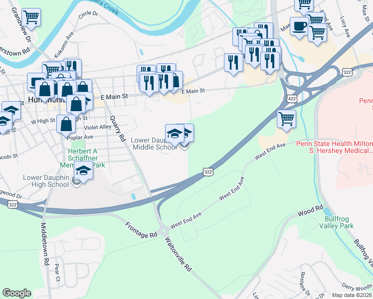 map of restaurants, bars, coffee shops, grocery stores, and more near 251 Quarry Road in Hummelstown