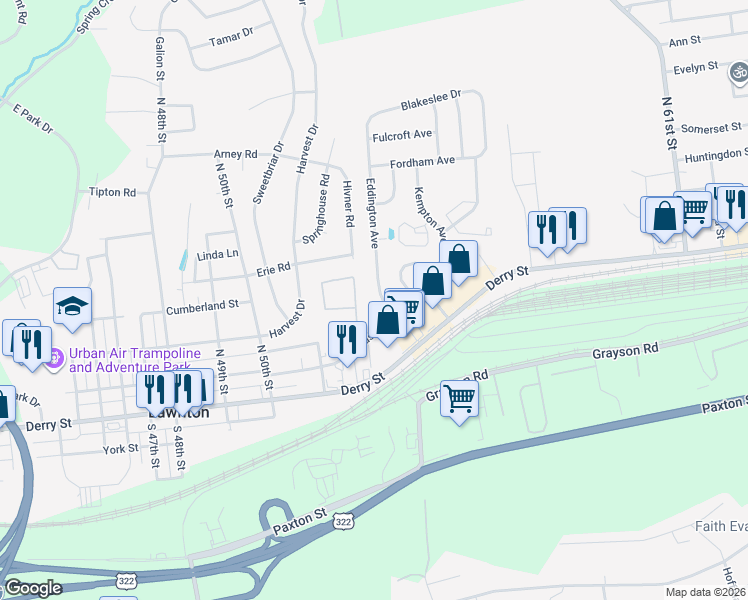 map of restaurants, bars, coffee shops, grocery stores, and more near 5450 Lancaster Street in Harrisburg