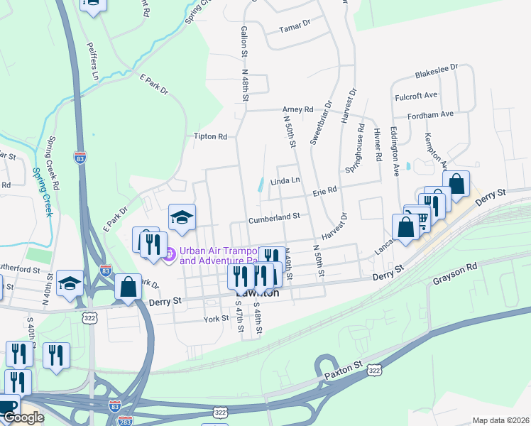 map of restaurants, bars, coffee shops, grocery stores, and more near 4819 Cumberland Street in Harrisburg
